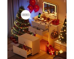 Kaptafel - Make Up Tafel - Inclusief Krukje met Opbergruimte en Zwenkwielen - Met LED Spiegel - 3 Lichtkleuren - Stopcontacten - Glazen Blad - Zichtbare Opbergruimte - Met Opklapbaar Blad - 3 Lades en 2 Planken - 134 x 50 x 40 cm (H x L x B) - Wit