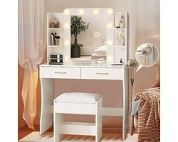 Kaptafel - Make Up Tafel - Inclusief Krukje - Met Spiegel en 10 LED Lampen - Met Stopcontacten & USB-poorten - 3 Lichtkleuren - 2 Laden en 4 Planken - Eenvoudige Montage - 140x85x40 cm - Voor Slaapkamer Kleedkamer - Wit
