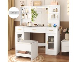 Kaptafel - Make Up Tafel - Inclusief Krukje - Met Spiegel en 10 LED Lampen - Met Stopcontacten & USB-poorten - 3 Lichtkleuren - 3 Lades en 2 Kasten met 4 Planken - Transparant Glazen Tafelblad - Eenvoudige Montage - 140H x 115B x 40D cm - Wit