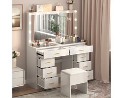 Kaptafel - Make Up Tafel - Inclusief Krukje - Met Spiegel en 12 LED Lampen - Met Stopcontacten & USB-poorten - 3 Lichtkleuren - 8 Laden - Transparant Glazen Tafelblad - Eenvoudige Montage - 140x113x40 cm - Voor Slaapkamer Kleedkamer - Wit