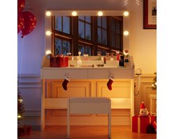 Kaptafel - Make Up Tafel - Inclusief Krukje - Met Spiegel en 8 LED Lampen - Met Stopcontacten - USB & Type-C - 3 Lichtkleuren - 2 Laden en 3 Opbergvakken - 138 x 80 x 40 cm (H x L x B) - Voor Slaapkamer Kleedkamer - Wit