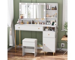 Kaptafel - Make Up Tafel - Inclusief Krukje - Met Spiegel en 9 LED Lampen - Met Stopcontacten & USB-poorten - 3 Lichtkleuren - 3 Laden en Aanpasbare Planken - Eenvoudige Montage - 140x115x40 cm - Voor Slaapkamer Kleedkamer - Wit