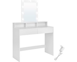 Kaptafel, make up tafel, kaptafel met LED, met spiegel, 2 laden, 3 open vakken, cosmeticatafel 100cm breed, modern, wit