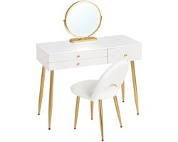 Kaptafel - Make-Up Tafel - Kaptafel Set met Verlichte Spiegel – Verstelbare LED – Make-up Tafel met 3 Lades - Fluwelen Stoel – Moderne Slaapkamermeubel - Tafel 100x40x122cm - Stoel 44x47x80cm - Wit
