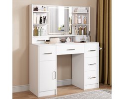 Kaptafel - Make-up Tafel met 3-Kleuren LED Spiegel, 2 Stopcontacten & USB Oplaadpoort, Föhnhouder - 140x110x40 cm, Wit