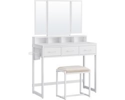 Kaptafel, Make-up Tafel met Drievoudige Spiegel en Kruk, Modern Design, Kleur: Wit, Stevig en Duurzaam, 141 x 90 x 40 cm