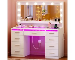 Kaptafel - Make up Tafel met RGB LED Spiegel en 3 Lichtkleuren – 9 Laden en 1 Open Vakken – Glazen Blad – 2 Stopcontacten –Wit