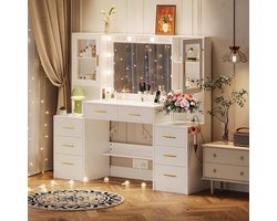 Kaptafel - Make Up Tafel - Met Spiegel en 10 LED Lampen - Met Stopcontacten - USB poort - Type C - 3 Lichtkleuren - 8 Lades en 2 Kasten - 4 Open Opbergplanken - 150L x 135H x 40W cm - Eenvoudige Montage - Voor Slaapkamer Kleedkamer - Wit