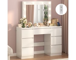 Kaptafel - Make Up Tafel - Met Spiegel en 10 LED Lampen - Met Stopcontacten & USB-poorten - 3 Lichtkleuren - Met 7 Laden - Eenvoudige Montage - H 140 x B 110 x D 40 cm - Voor Slaapkamer Kleedkamer - Wit