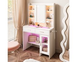 Kaptafel - Make Up Tafel met Spiegel, LED Verlichting (3 Kleuren), Stopcontacten en USB-poorten, 2 Lades en Kast Met Planken, Transparant Glazen Blad, Eenvoudige Montage - 145H x 86B x 40D cm, Wit