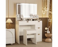 Kaptafel - Make Up Tafel met Spiegel, LED Verlichting (3 Kleuren), Stopcontacten en USB-poorten, Opberglades en Föhnhouder, Inclusief Kruk - 140H x 90B x 40D cm, Wit