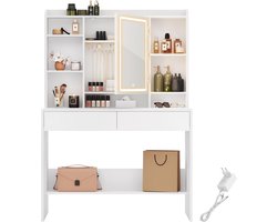 Kaptafel – Make-up Tafel – Opmaaktafel – Cosmeticatafel – Vanity Set – Wit Modern Design – LED Verlichting 3 Kleuren & Instelbare Helderheid – Verstelbare Planken & 2 Lades – Inclusief Spiegel