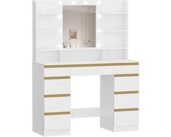 Kaptafel – Make-up Tafel – Schminktisch – Beauty Tafel – Vanity – Grote HD Spiegel – Verstelbare LED Verlichting – 1 Grote Lade & 8 Kleine Laden – 9 Open Schappen – Wit Goud Variant