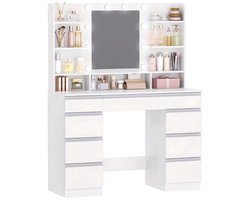Kaptafel – Make-up Tafel – Schminktisch – Beauty Tafel – Vanity – Grote HD Spiegel – Verstelbare LED Verlichting – 1 Grote Lade & 8 Kleine Laden – 9 Open Schappen – Wit Goud Variant