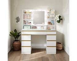 Kaptafel – Make-up Tafel – Schminktisch – Beauty Tafel – Vanity – Grote HD Spiegel – Verstelbare LED Verlichting – 1 Grote Lade & 8 Kleine Laden – 9 Open Schappen – Wit Goud Variant