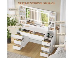 Kaptafel – Make-up Tafel – Toilet Tafel – Schminktisch – Dressing Table – Wit – Modern Design – Groot Spiegel – 8 Lades – Föhnhouder – Compacte Afmetingen 40x135x145 cm