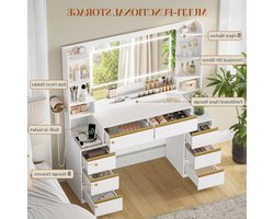 Kaptafel – Make-up Tafel – Toilet Tafel – Schminktisch – Dressing Table – Wit – Modern Design – Groot Spiegel – 8 Lades – Föhnhouder – Compacte Afmetingen 40x135x145 cm