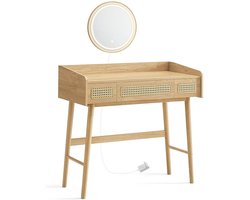 Kaptafel make-uptafel opbergtafel met spiegel, 3-standen verstelbare verlichting en 3 lades, stijlvol retro rotan design, stevig en duurzaam houten frame, geschikt voor slaapkamer en make-upruimte, 43 x 90 x 82 cm naturel