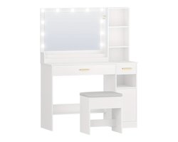 Kaptafel – Make-uptafel – Opmaaktafel – Vanity – Schminktafel – Met Krukje & Grote Spiegel – 2 Lades, 4 Open Vakken en Kastje – Wit, 108x40x141 cm