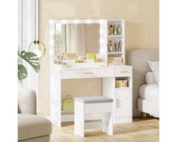 Kaptafel – Make-uptafel – Opmaaktafel – Vanity – Schminktafel – Met Krukje & Grote Spiegel – 2 Lades, 4 Open Vakken en Kastje – Wit, 108x40x141 cm