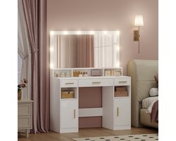 Kaptafel – Make-uptafel – Toiletmeubel – Schminktafel – Slaapkamermeubel – Wit – Groot Spiegeloppervlak – Veel Opbergruimte met 3 Lades en 2 Kasten