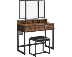 Kaptafel met 3-delige klapsspiegel - Cosmetische Tafel met gestoffeerde kruk - Vintage Bruin-zwart