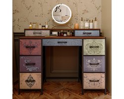 Kaptafel met 9 lades, ladekast voor slaapkamer, ladekast in retrostijl, stoffen ladekast, metalen frame, houten oppervlak, stoffen lades voor woonkamer, slaapkamer, kleedkamer, gang, 121 cm (zonder kruk en spiegel)