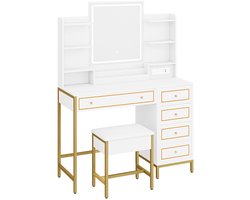 Kaptafel, met gestoffeerde kruk, HD-spiegel en verstelbare LED-verlichting, stopcontact en USB, 5 laden, open opbergvak, Art Deco, wit-goud