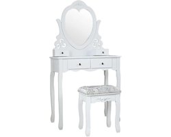 Kaptafel met hartvormige spiegel & krukje - Wit - 74x40x143cm - Klassiek design