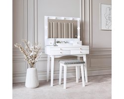 Kaptafel met Hollywood-spiegel en LED-verlichting - Dimbare make-up tafel met glazen blad en bijpassende kruk