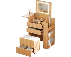 Kaptafel Met Inklapbare LED Spiegel - 3 Lades, Stopcontacten En USB Aansluitingen - Voor Slaapkamer En Kleine Ruimtes - Naturel MDF