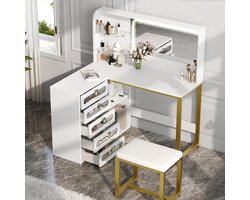Kaptafel met kruk 120x80x135 cm, make-up tafel met led spiegel en 5 lades, moderne toilettafel met gouden metalen frame, wit