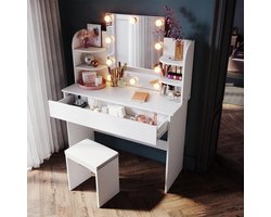 Kaptafel - met kruk - Cosmeticatafel - en bureau - Voor het aanbrengen van make-up - Verstelbare ledverlichting - 108 x 40 x 140 cm - Wit