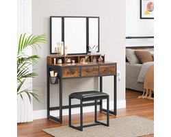 Kaptafel met Kruk en 3-delige Klapspiegel - Make Up Tafel met Haardroger houder, Gestoffeerde Kruk en Opberglades - Vintage Bruin-Zwart