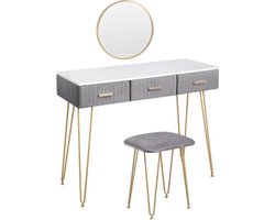 Kaptafel met kruk en spiegel - Make-up tafel - Grijs - Fluweel - 3 Lades - Tafel Meubelen - 1 meter