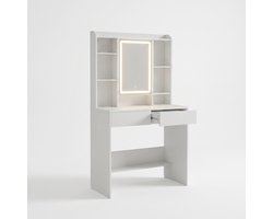 Kaptafel met LED Spiegel – 2 Laden en Opbergplanken – Make-up Tafel Wit