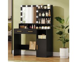 Kaptafel met LED Spiegel en 10 Lampen – Make-up Tafel met Verstelbare Helderheid, 2 Lades, Opzetkast met Planken, Kast en Open Vakken – Moderne Opmaaktafel Zwart met Gouden Grepen