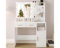 Kaptafel met LED Spiegel en 10 Lampen – Make-up Tafel met Verstelbare Helderheid, 2 Lades, Opzetkast met Planken, Kast en Open Vakken – Moderne Opmaaktafel wit met Gouden Grepen