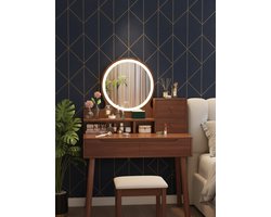 Kaptafel met LED-spiegel en 3 lichtkleuren – Moderne houten kaptafel met 4 lades en open planken – Make-uptafel met helderheidsregeling en opbergruimte – Kaptafel voor slaapkamer – Bruin 80x40x128,5 cm HomeByNicole