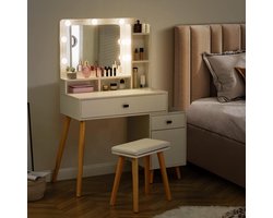 Kaptafel met LED-spiegel en kruk – kaptafel met 3 lichtkleuren, uitneembare opbergkast, veel opbergruimte en modern design – Witte cosmetische tafel met Hollywood-verlichting voor de slaapkamer HomeByNicole