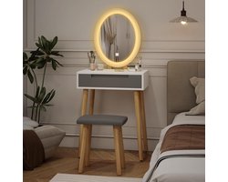 Kaptafel met LED-spiegel en kruk – Moderne kaptafel met verlichting, 3 lichtkleuren, touchscreen-spiegel, lade en opbergruimte – Make-uptafel voor slaapkamer – Grijs 60x40x137cm HomeByNicole