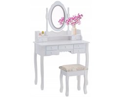 Kaptafel met LED-spiegel en kruk - Wit - Vintage design - 90x40x146 cm - MDF