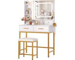 Kaptafel met LED Spiegel en Krukje - Make-up Tafel met 3 Kleuren Verlichting - 4 Lades, Opbergplanken & Ingebouwd Stopcontact - Wit/Goud