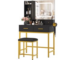 Kaptafel met LED Spiegel en Krukje - Make-up Tafel met 3 Kleuren Verlichting - 4 Lades, Opbergplanken & Ingebouwd Stopcontact - zwart/Goud