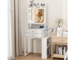Kaptafel met LED-spiegel en stopcontact - Moderne kaptafel met glazen blad, 2 lades en zijkast - Witte cosmetische tafel met verstelbare verlichting en USB-poort - Make-uptafel slaapkamerontwerp HomeByNicole