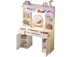Kaptafel met led spiegel - Make-up tafel met verlichting - Witte kaptafel slaapkamer - Kaptafel met lades - Bluetooth led - 4 Lades - Glazen deuren - Slaapkamer - 120x40x160 cm - Zonder kruk - Wit