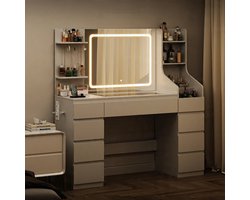 Kaptafel met LED Verlichting 135x40x140 cm – Make-uptafel met Spiegel 80x60 cm, Stopcontact, USB, Glasplaat, Laden & Open Planken – Luxe Vanity Desk Wit – Furnitureland