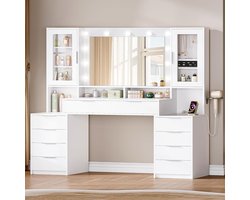 Kaptafel met LED Verlichting 150x40x140 cm – Grote Make-uptafel met Spiegel, Stopcontact, 10 Laden & Sieradenopslag – Luxe Vanity Desk Wit/Zilver – Furnitureland