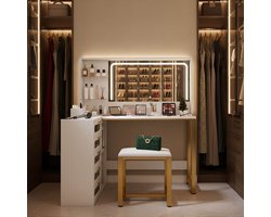 Kaptafel met LED Verlichting - ADFBL - Make-up Tafel met Krukje - 5 Lades en Planken - Wit en Goud