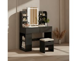 Kaptafel met LED-verlichting en kruk – Moderne kaptafel met spiegel, 2 lades, open vakken, instelbare helderheid en kleurtemperatuur, cosmetische tafel 90x40x135 cm – Zwart HomeByNicole